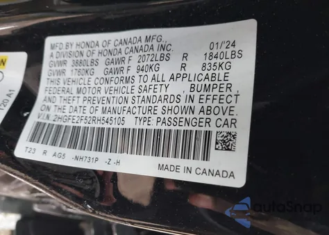 2024 Honda Civic Sport from USA, damaged, VIN 2HGFE2F52RH545105